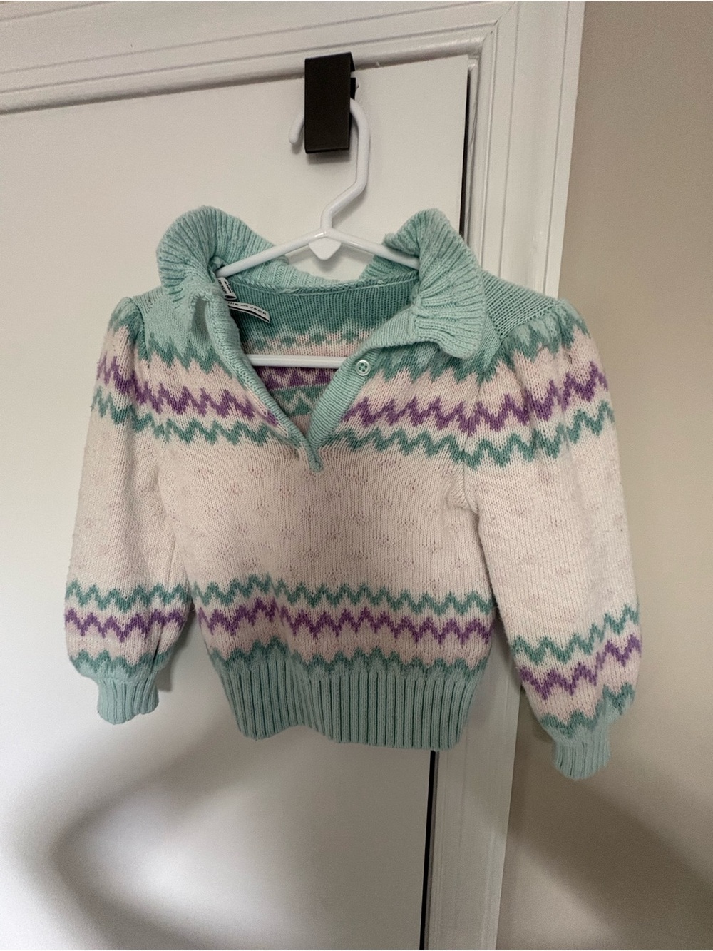 Janie and Jack Cream Sweater with Mint Green & Lavender Fair Isle